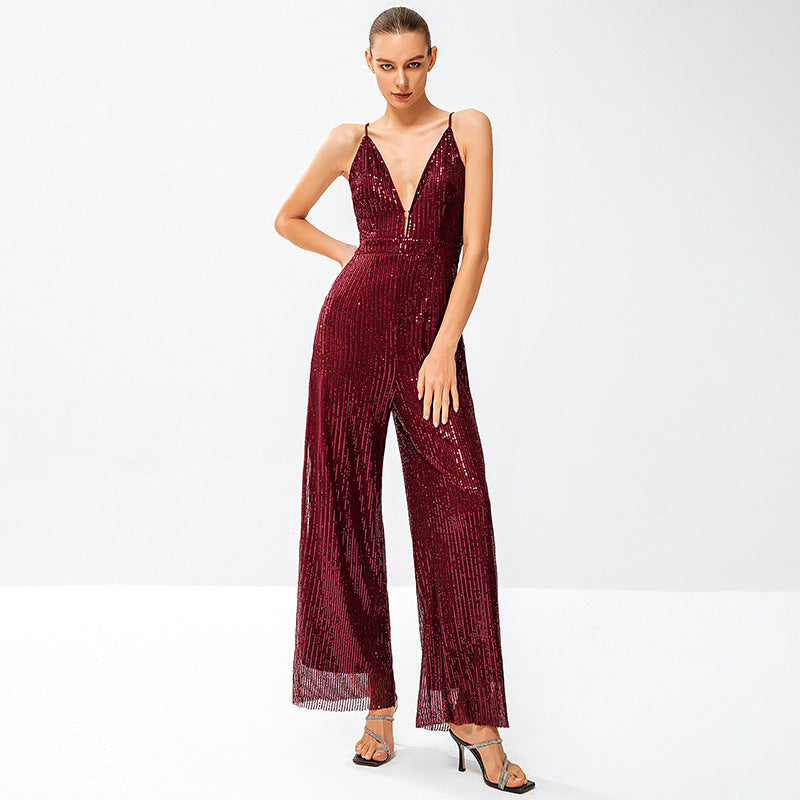 Damen Glitzernder Jumpsuit mit tiefem V-Ausschnitt und weitem Beinschnitt R&B