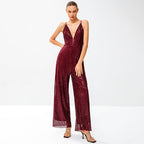 Damen Glitzernder Jumpsuit mit tiefem V-Ausschnitt und weitem Beinschnitt R&B