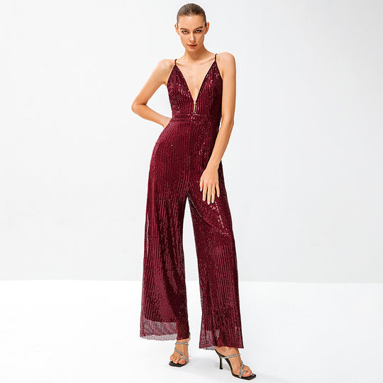 Damen Glitzernder Jumpsuit mit tiefem V-Ausschnitt und weitem Beinschnitt R&B
