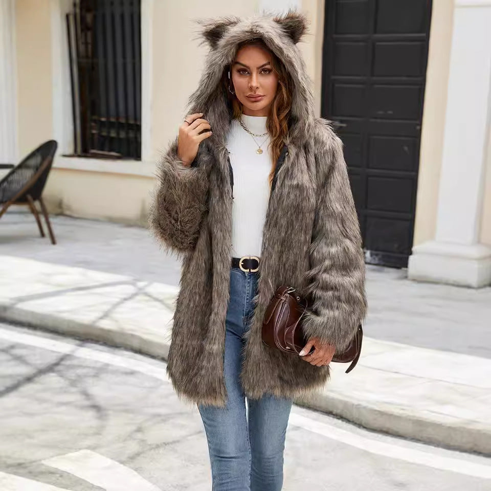 Damen kuschelige Felljacke mit Katzenohren R&B