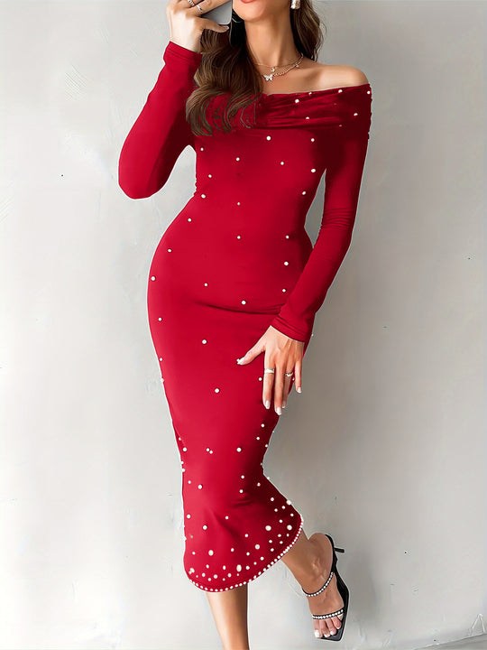 Damen Elegantes Off-Shoulder-Midi-Kleid mit Perlenverzierung R&B