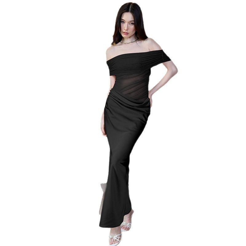 Damen Elegantes schulterfreies Maxikleid mit fließendem Rock R&B
