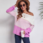 Damen Off-Shoulder Strickpullover mit modernen Farbblock-Design R&B