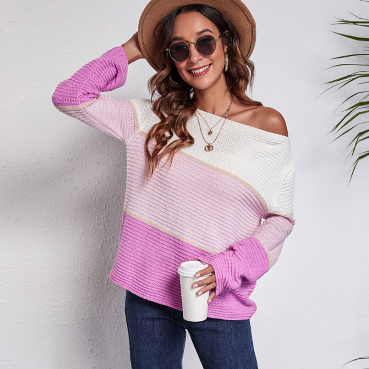 Damen Off-Shoulder Strickpullover mit modernen Farbblock-Design R&B