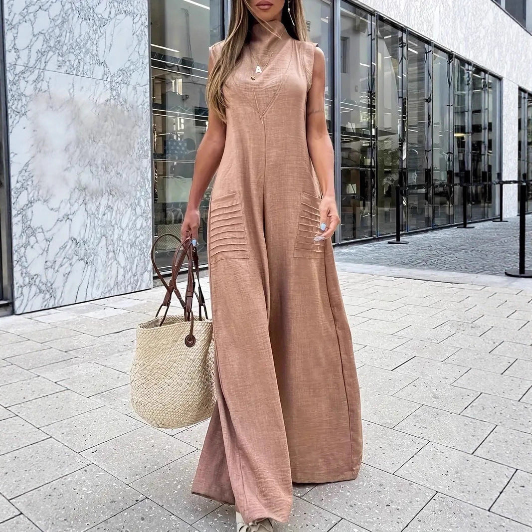 Damen luftiger Maxijumpsuit mit dekorativen Falten und seitlichen Taschen R&B