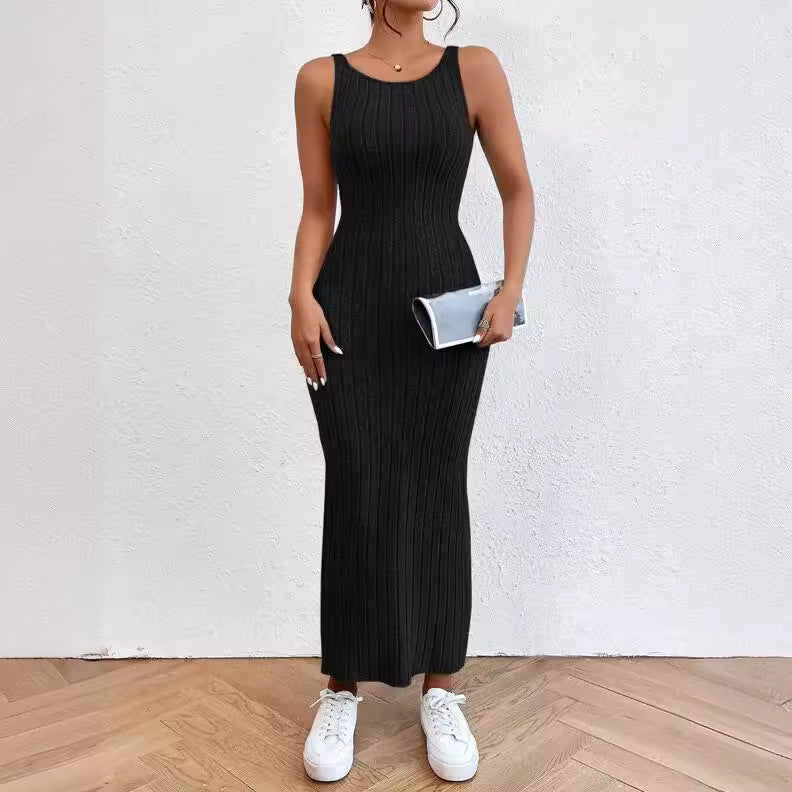 Damen figurbetontes Langarm-Maxikleid mit Rippenstruktur und Rundhalsausschnitt R&B