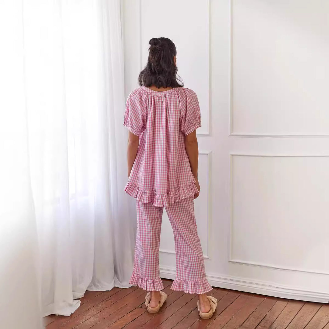 Damen Pyjama-Set mit Rüschen und Karomuster R&B