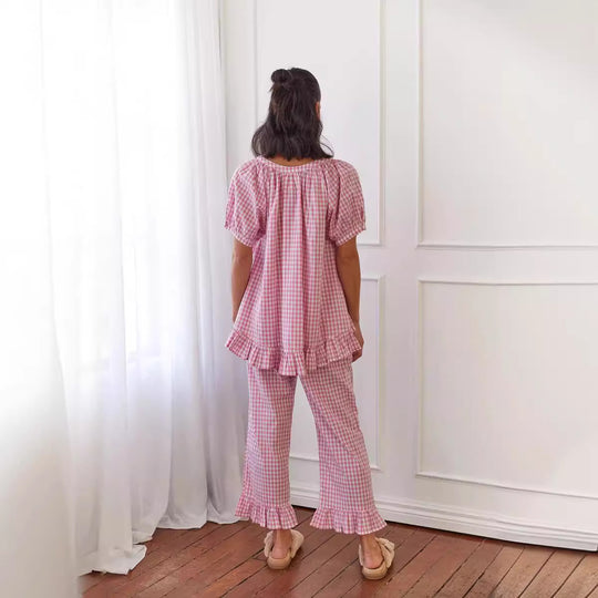 Damen Pyjama-Set mit Rüschen und Karomuster R&B
