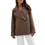 Damen stylische Wolljacke mit asymmetrischem Reißverschluss und großem Kragen R&B