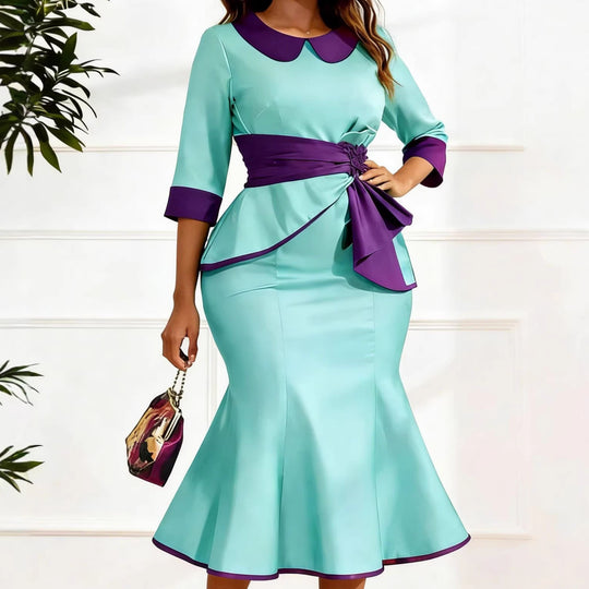 Damen elegantes Kleid mit modischem Kragen und asymmetrischem Taillendetail R&B