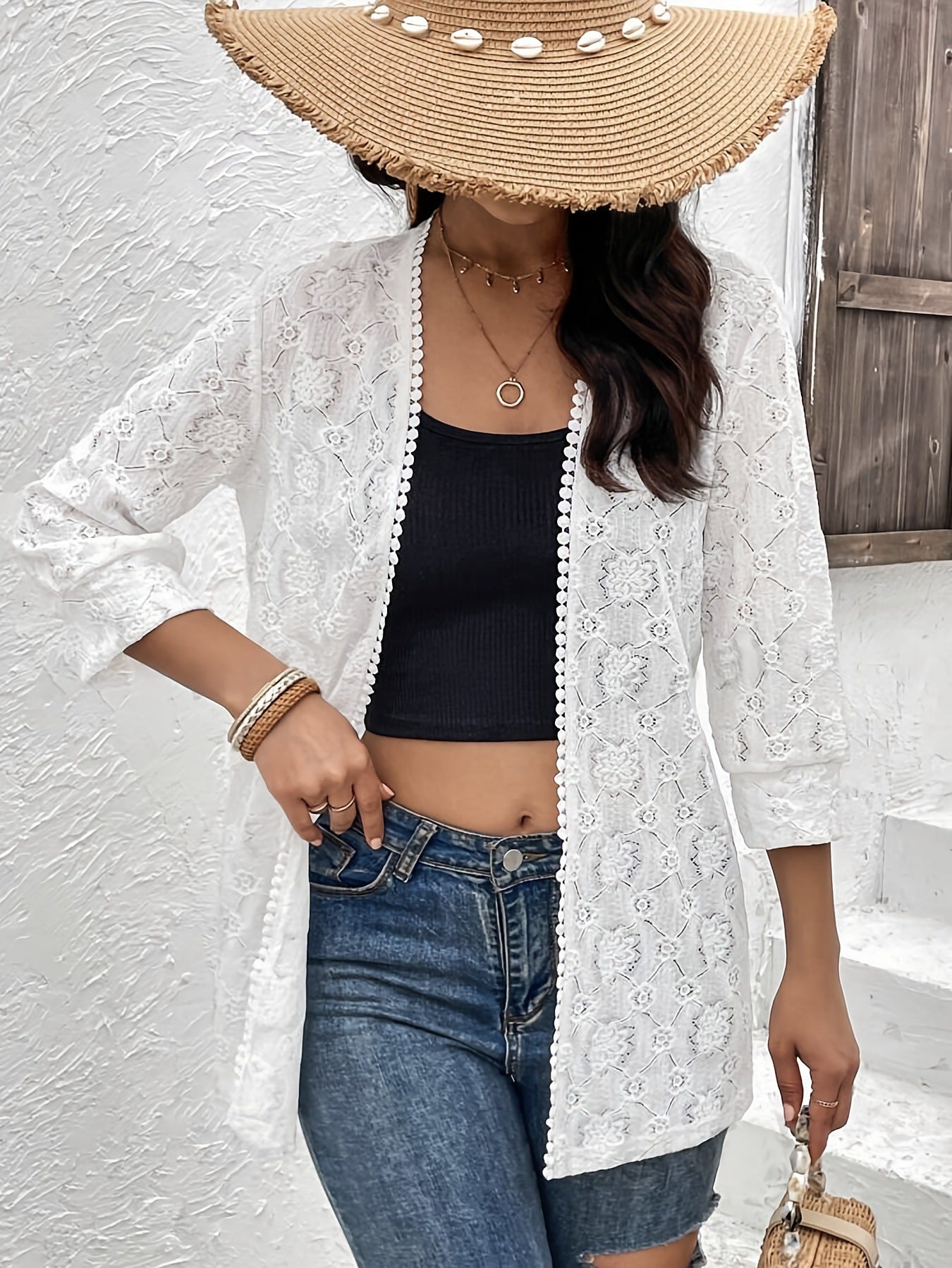 Damen Spitzen Kimono-Cardigan mit feinen Stickereien R&B