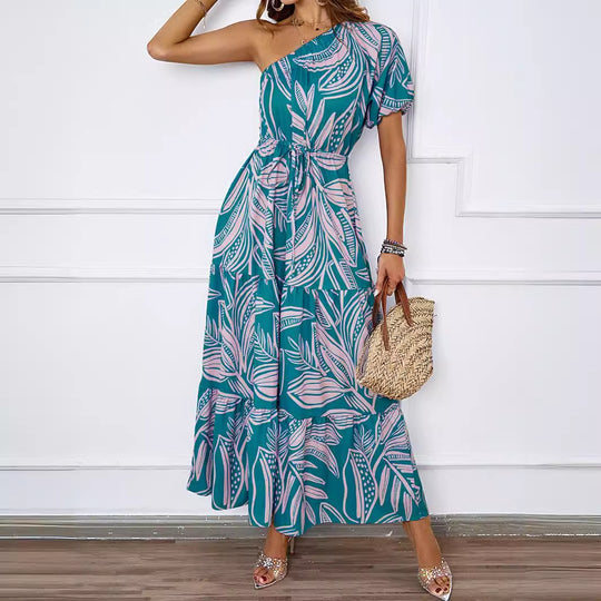 Damen Maxikleid im asymmetrischen Design mit floralem Muster und Wickelgürtel R&B