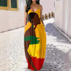 Damen Maxikleid mit künstlerischem Grafikdruck und tiefem V-Ausschnitt R&B