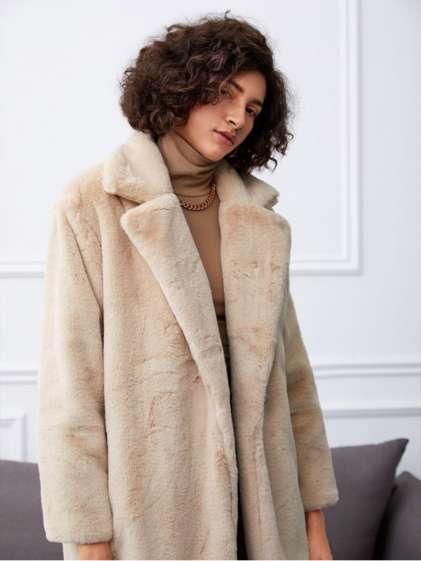 Damen Langer Kunstpelzmantel mit elegantem Reverskragen und praktischen Taschen R&B