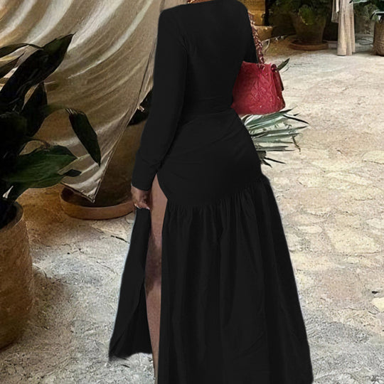 Damen Elegantes Maxikleid mit tiefem V-Ausschnitt und seitlichem Schlitz R&B