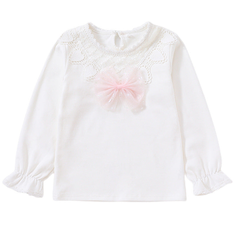 Mädchen Langarmshirt mit niedlicher Spitzenverzierung und Schleifendekor R&B