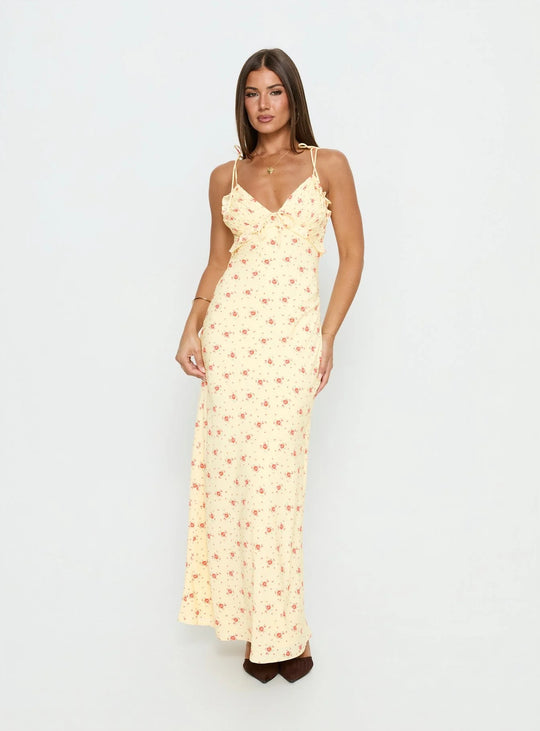 Damen Maxi-Kleid mit verspieltem Blumenmuster und verstellbaren Spaghetti-Trägern R&B