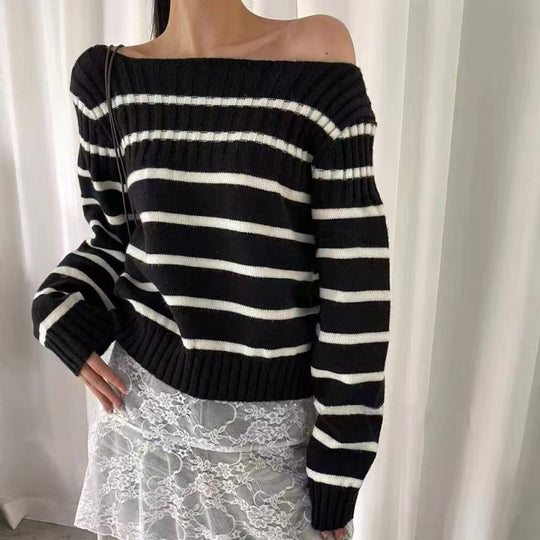 Damen Off-Shoulder Streifenpullover mit Rippstruktur R&B