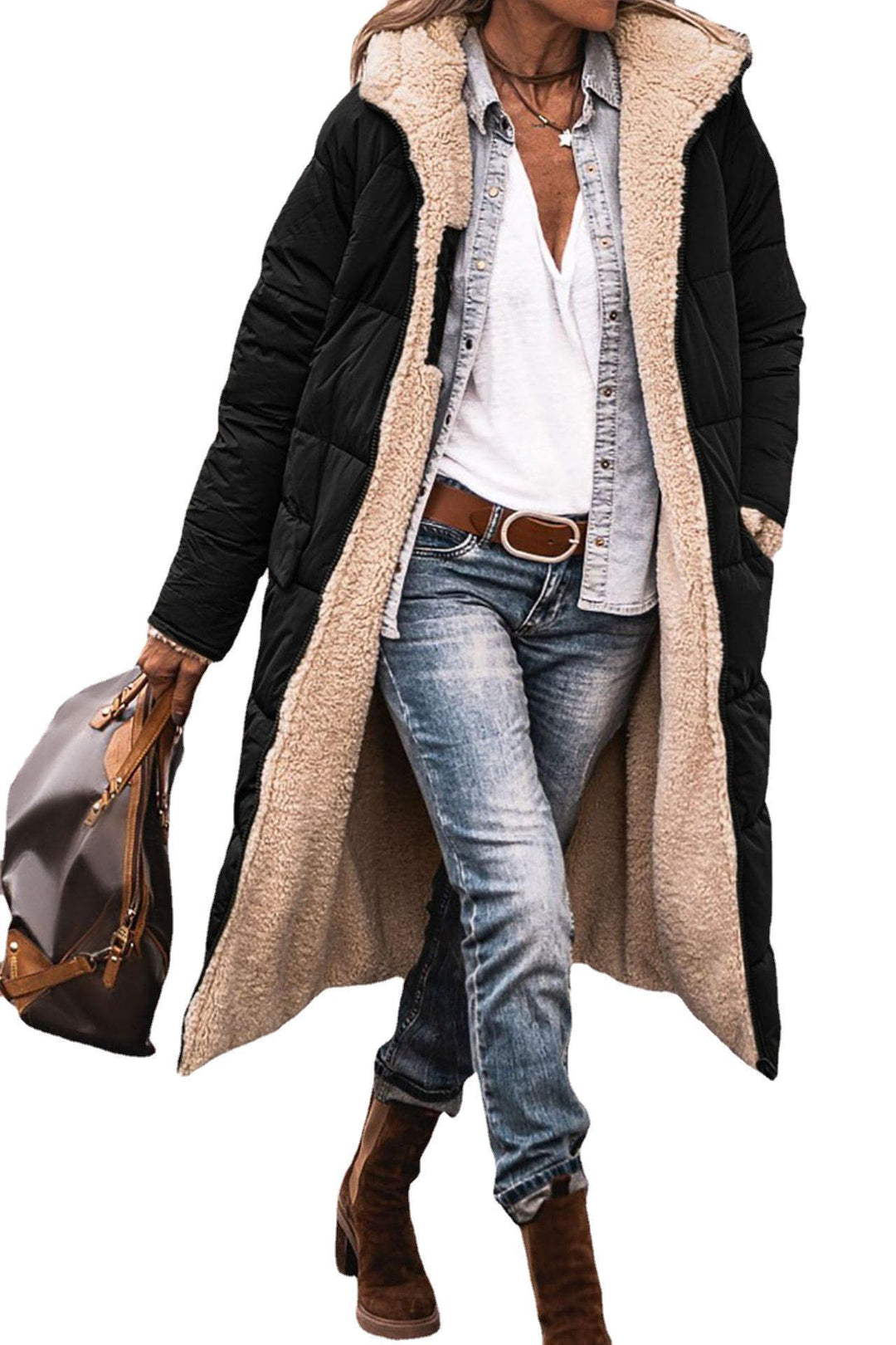 Damen Lange Winterjacke mit weich gefüttertem Kragen R&B