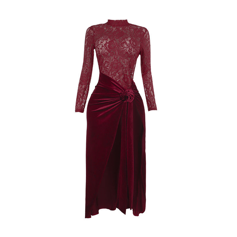 Damen Elegantes Maxi-Kleid mit Spitze und raffiniertem Taillengürtel R&B