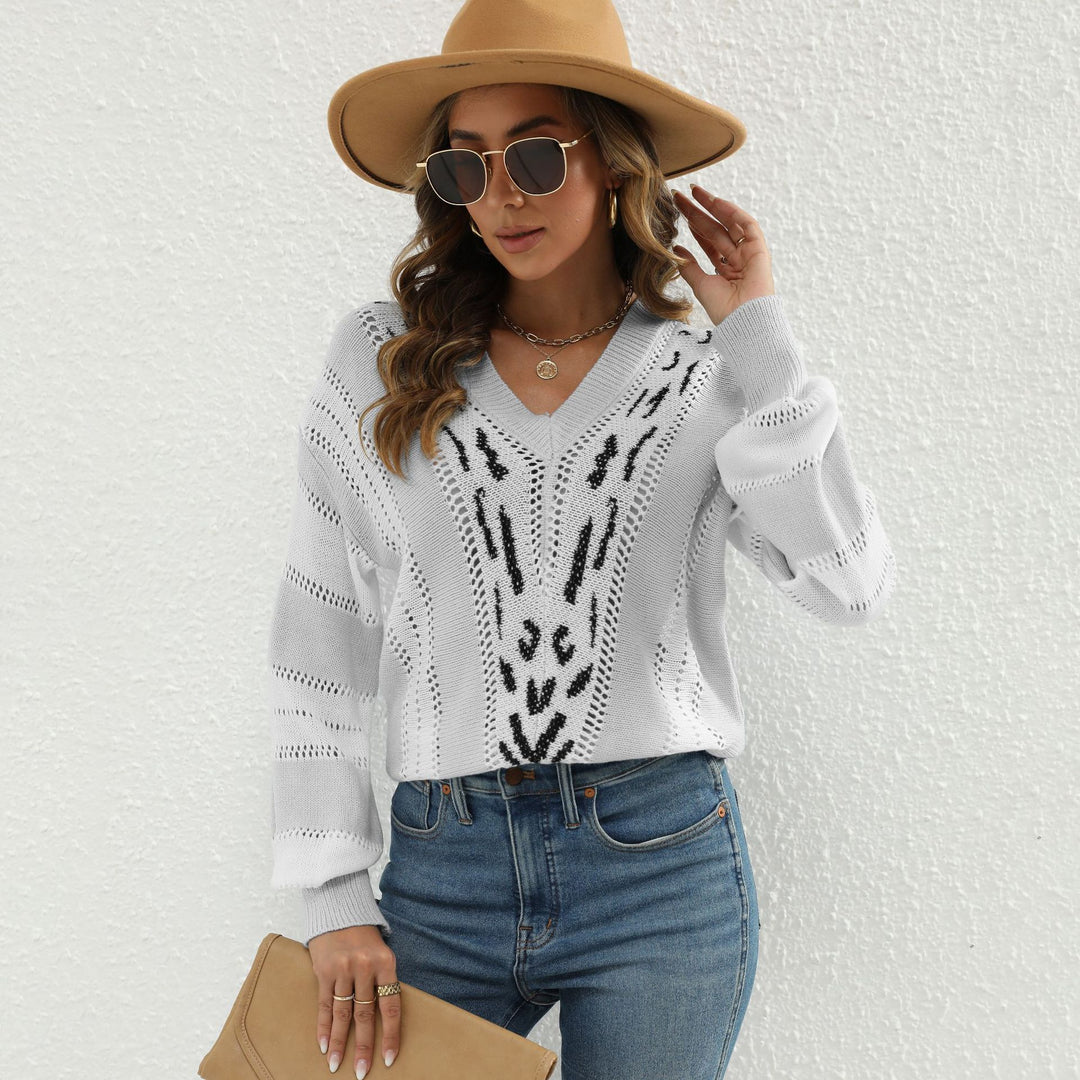 Damen Modischer V-Pullover mit strukturiertem Lochmuster und kontrastierenden Akzenten R&B
