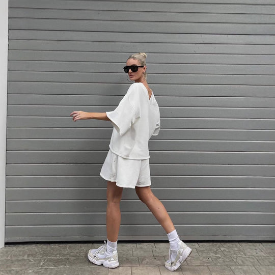 Damen lässiges Lounge-Set mit oversized Oberteil und Shorts R&B