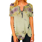 Damen T-Shirt mit halbgeschlossenem Reißverschluss und floralem Muster R&B