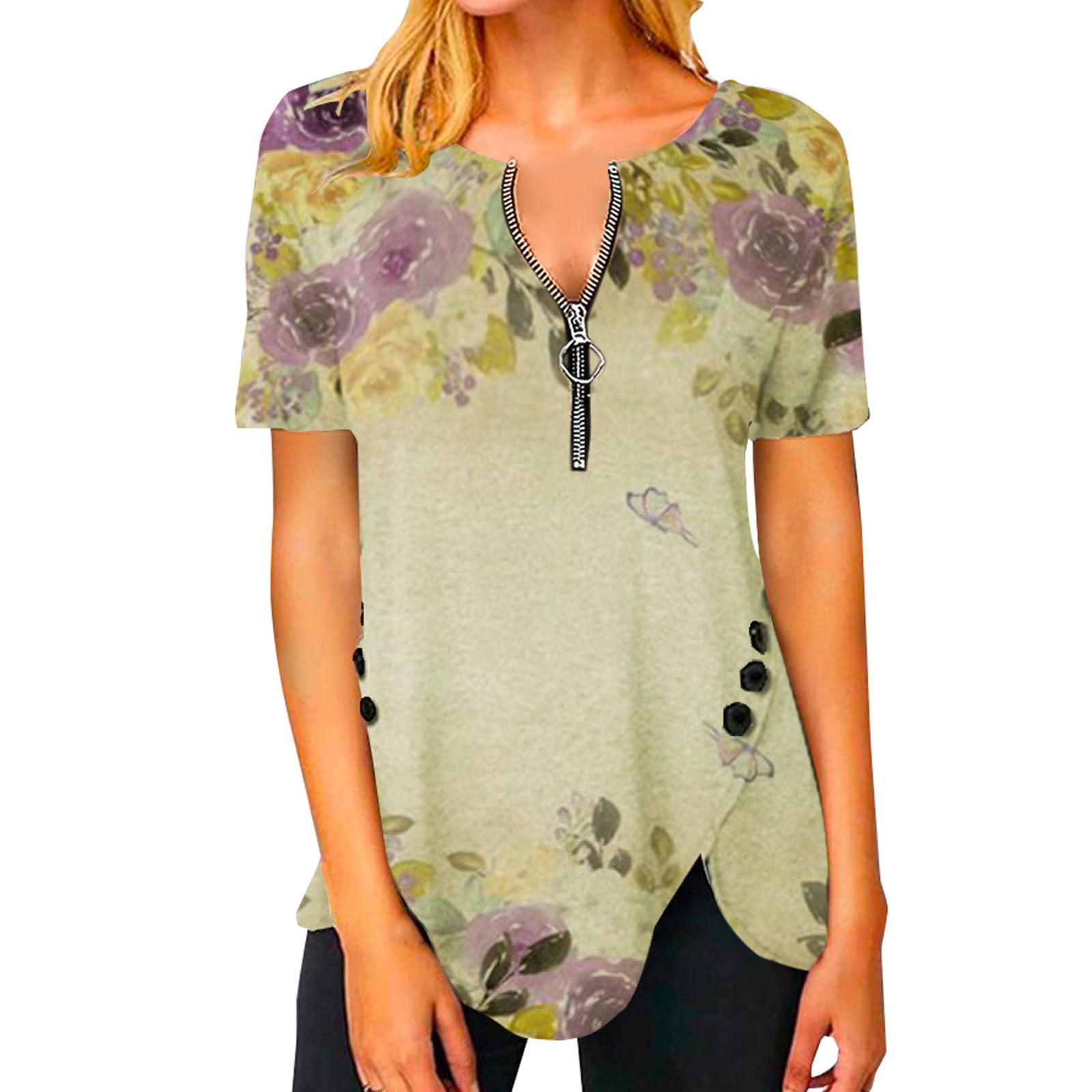 Damen T-Shirt mit halbgeschlossenem Reißverschluss und floralem Muster R&B