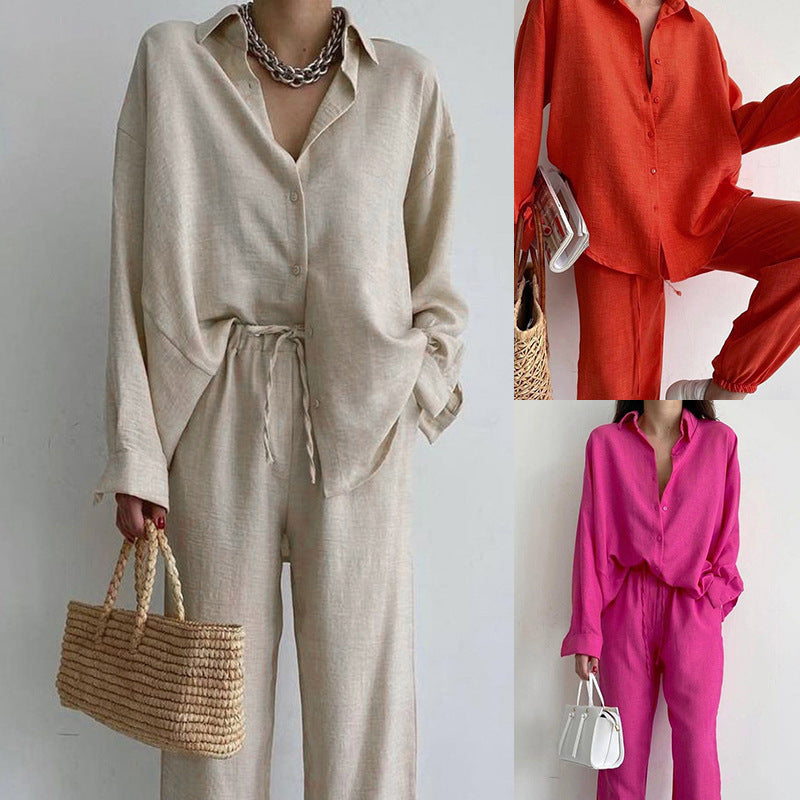 Damen lässiges Leinen Ensemble mit elegantem Hemd und weiter Hose R&B