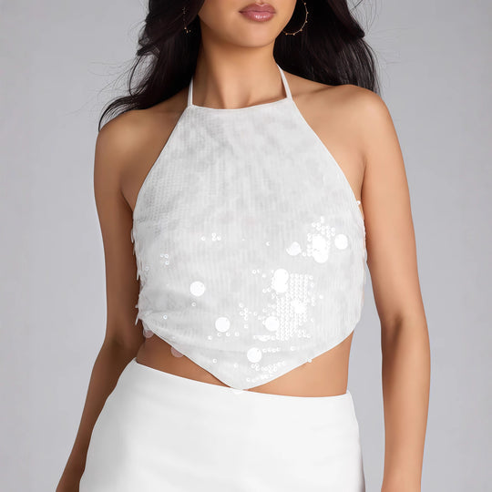 Damen Funkelndes Halterneck Top mit Pailletten und Schößchen R&B