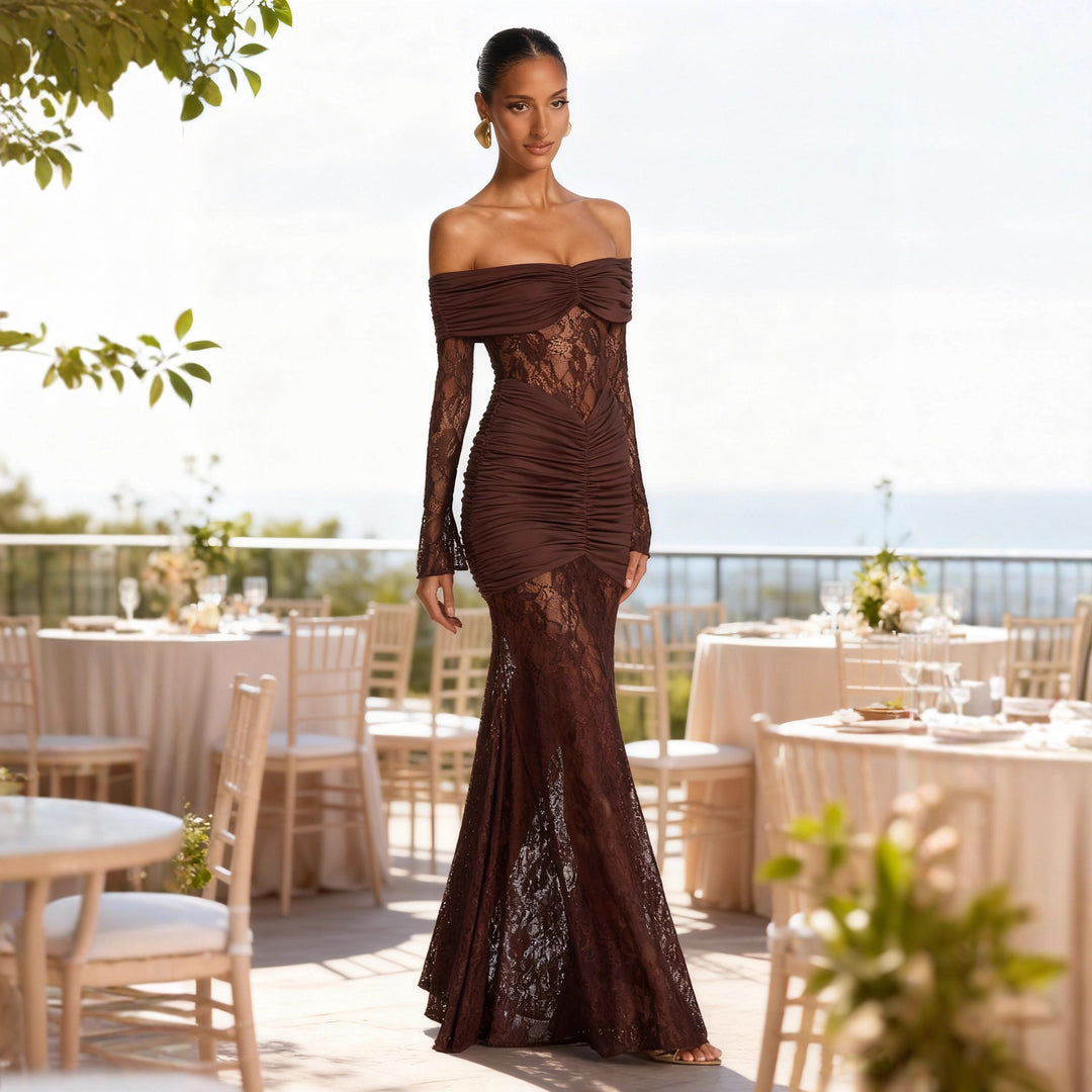 Damen Elegantes Spitzen Abendkleid mit schulterfreier Silhouette und raffinierten Rüschendetails R&B