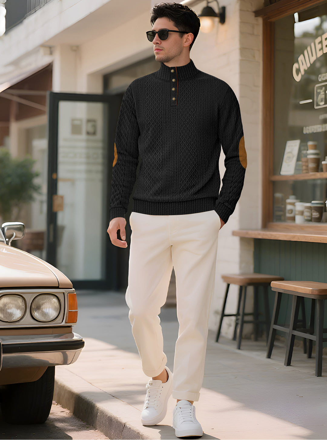 Herren nan edler Knopfsweater im Zopfmuster mit hohem Stehkragen und Wildleder-Ellenbogenpatches R&B