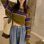 Damen kurz geschnittener Strickpullover mit horizontalem Streifenmuster R&B