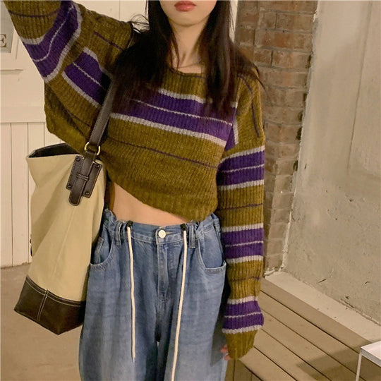 Damen kurz geschnittener Strickpullover mit horizontalem Streifenmuster R&B