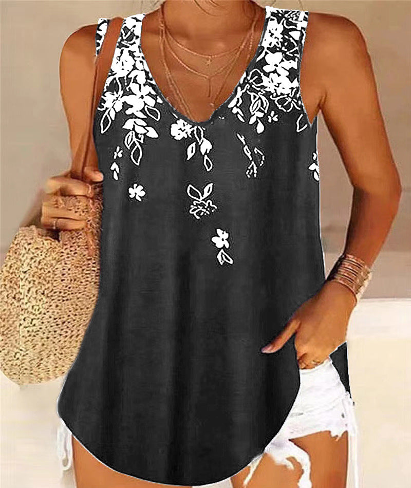 Damen ärmelloses Blusenshirt mit floralem Muster und V-Ausschnitt R&B