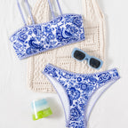 Damen Bandeau Bikini mit eleganter Blumenmusterung und verstellbaren Trägern R&B