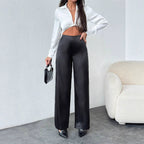 Damen elegante, weite Satin-Hose mit hohem Bund und fließendem Schnitt R&B
