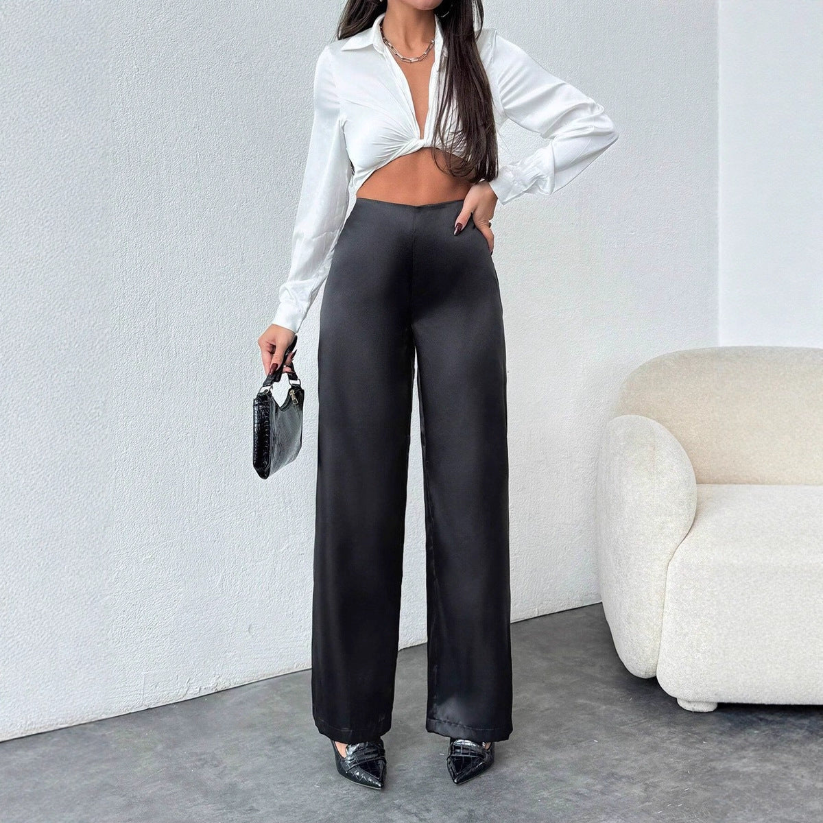 Damen elegante, weite Satin-Hose mit hohem Bund und fließendem Schnitt R&B