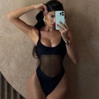 Damen Einteiler Badeanzug mit transparentem Mesh-Einsatz R&B