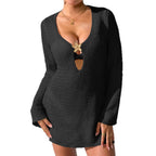 Damen gehäkeltes Strandkleid mit elegantem V-Ausschnitt und langen Ärmeln R&B