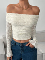 Damen Off-Shoulder Spitzenoberteil mit langem Arm und Rüschendetails R&B