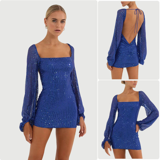 Damen Glamouröses Paillettenkleid mit transparenten Ärmeln und figurbetontem Schnitt R&B