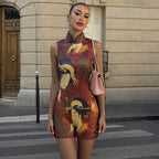 Damen Kunstvolle Bodysuit mit Stehkragen und einzigartigem Print R&B