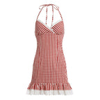 Damen Spaghetti-Trägerkleid mit verspieltem Vichy-Muster und Rüschensaum R&B