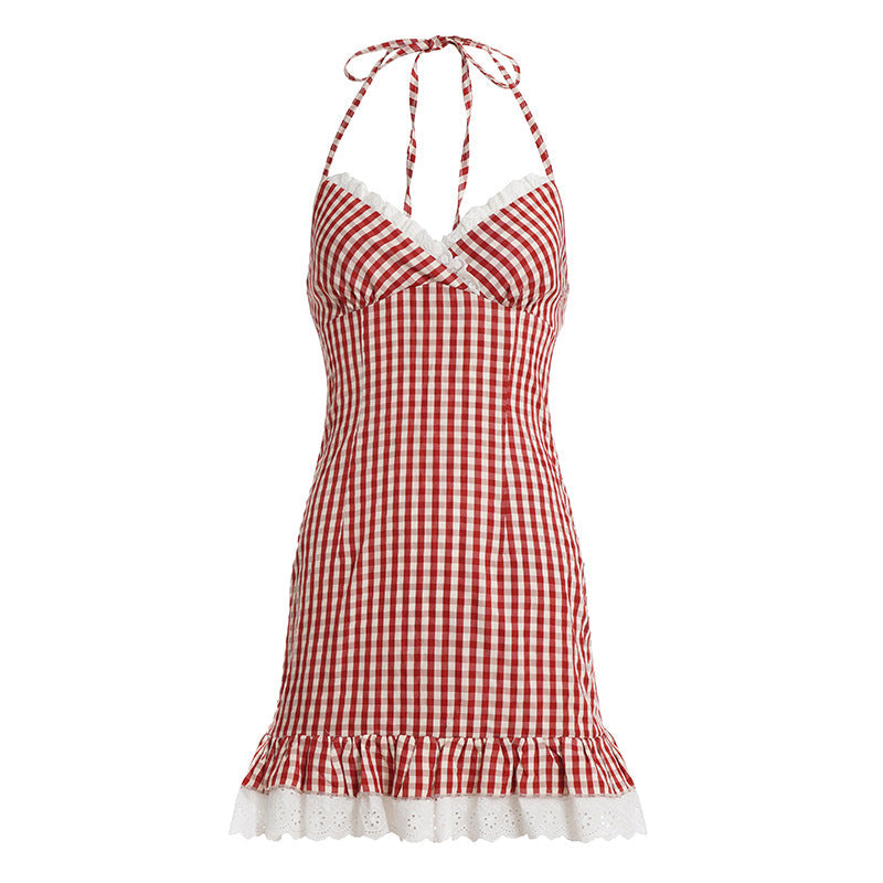 Damen Spaghetti-Trägerkleid mit verspieltem Vichy-Muster und Rüschensaum R&B