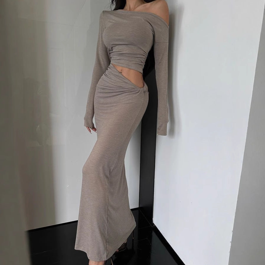 Damen Langarm Maxikleid mit asymmetrischem Design und Rüschendetails R&B