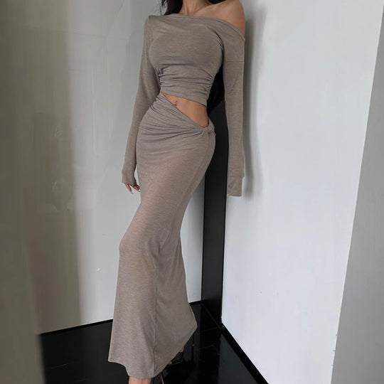 Damen Langarm Maxikleid mit asymmetrischem Design und Rüschendetails R&B