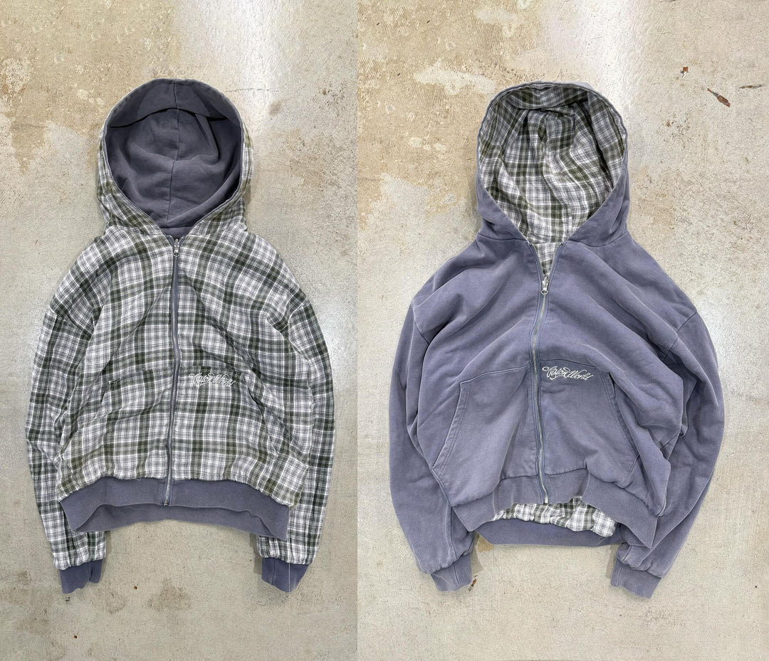 Unisex nan wendbare Kapuzenjacke mit kariertem Innenfutter, durchgehendem Reißverschluss und Kängurutasche R&B