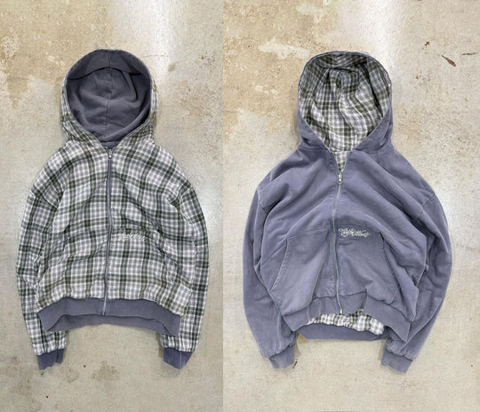 Unisex nan wendbare Kapuzenjacke mit kariertem Innenfutter, durchgehendem Reißverschluss und Kängurutasche R&B