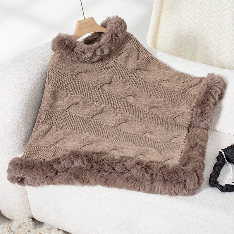 Damen kuschelige Strick-Poncho mit weichem Kunstfellbesatz und Zopfmuster R&B